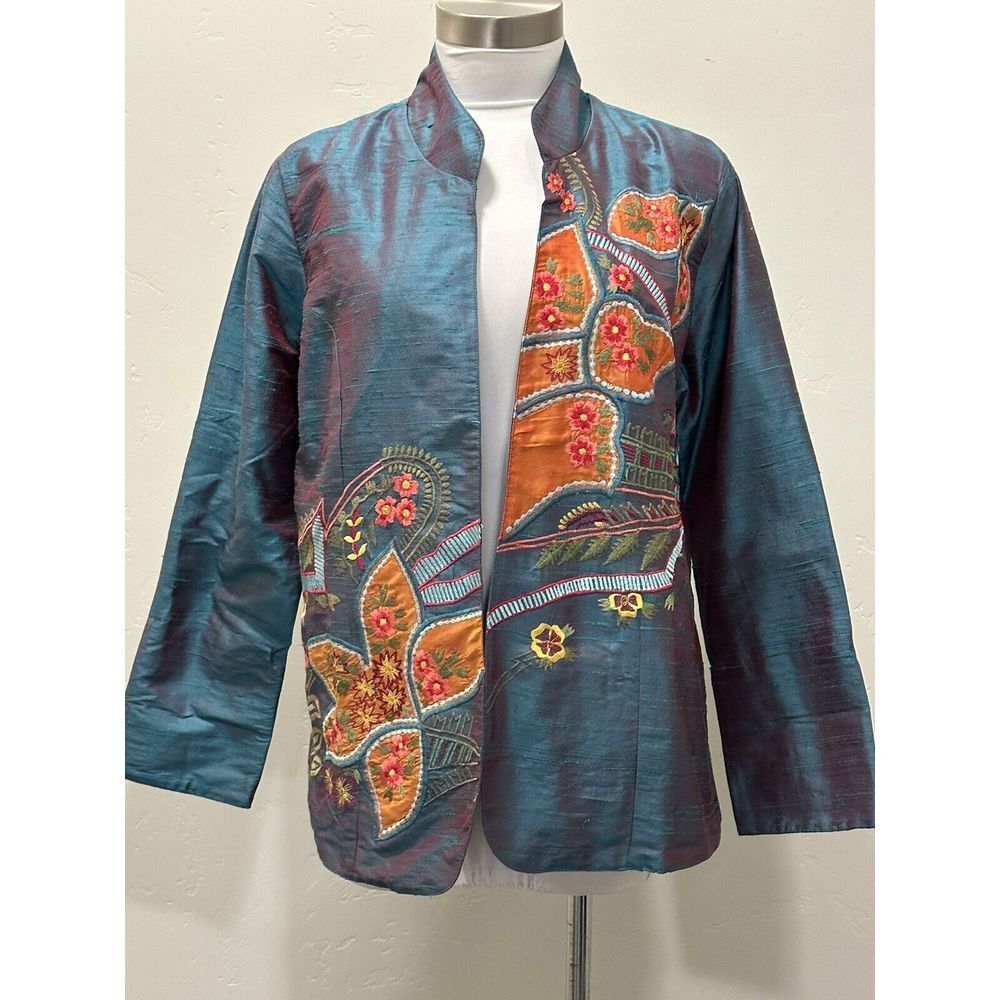 ANU Womens Small 100% Silk Floral Embroidered Open Kimono Jacket Topper‎